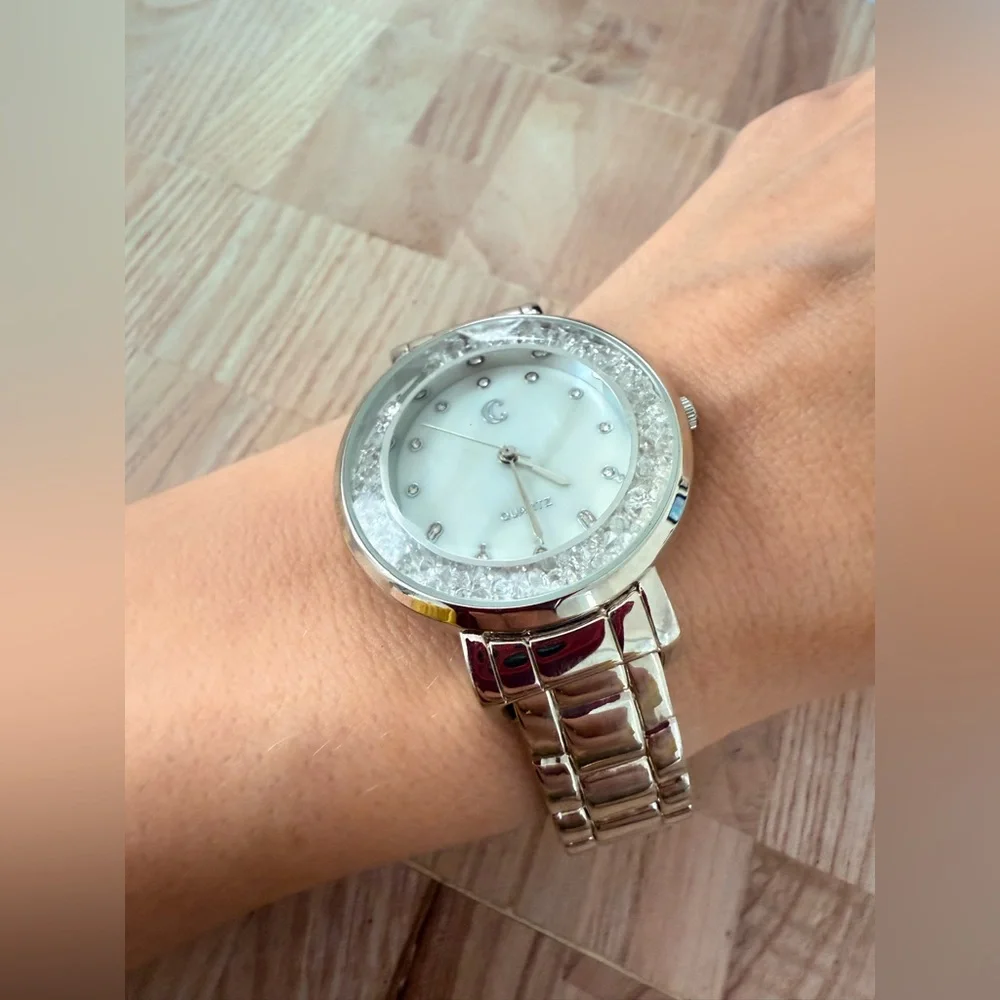 Charming Charlie silver tone floating crystals cuff bracelet watch NEW BATTERY
